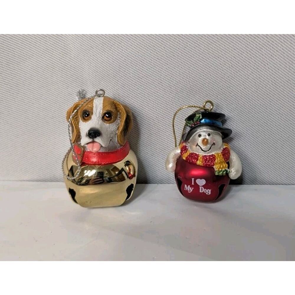 Jingle Bell Set Of 2 Ornaments Beagle And Snowman I Love My Dogs